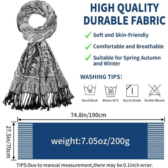 Paisley Pashmina Shawls Wraps with Fringe Silver Grey - Picture 3 of 4